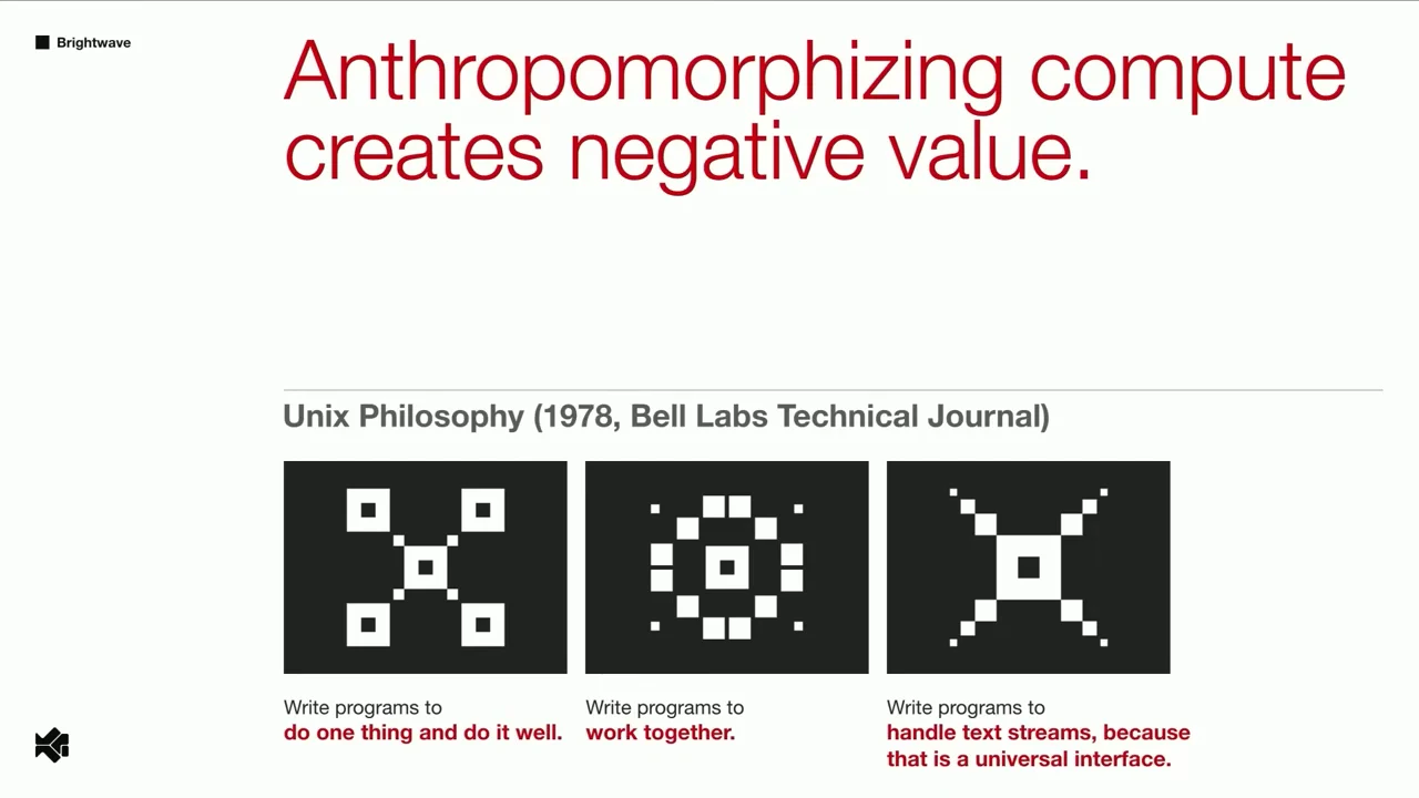 Slide stating Anthropomorphizing compute creates negative value, above three diagrams illustrating Unix principles for simple programs, collaboration, and text streams.
