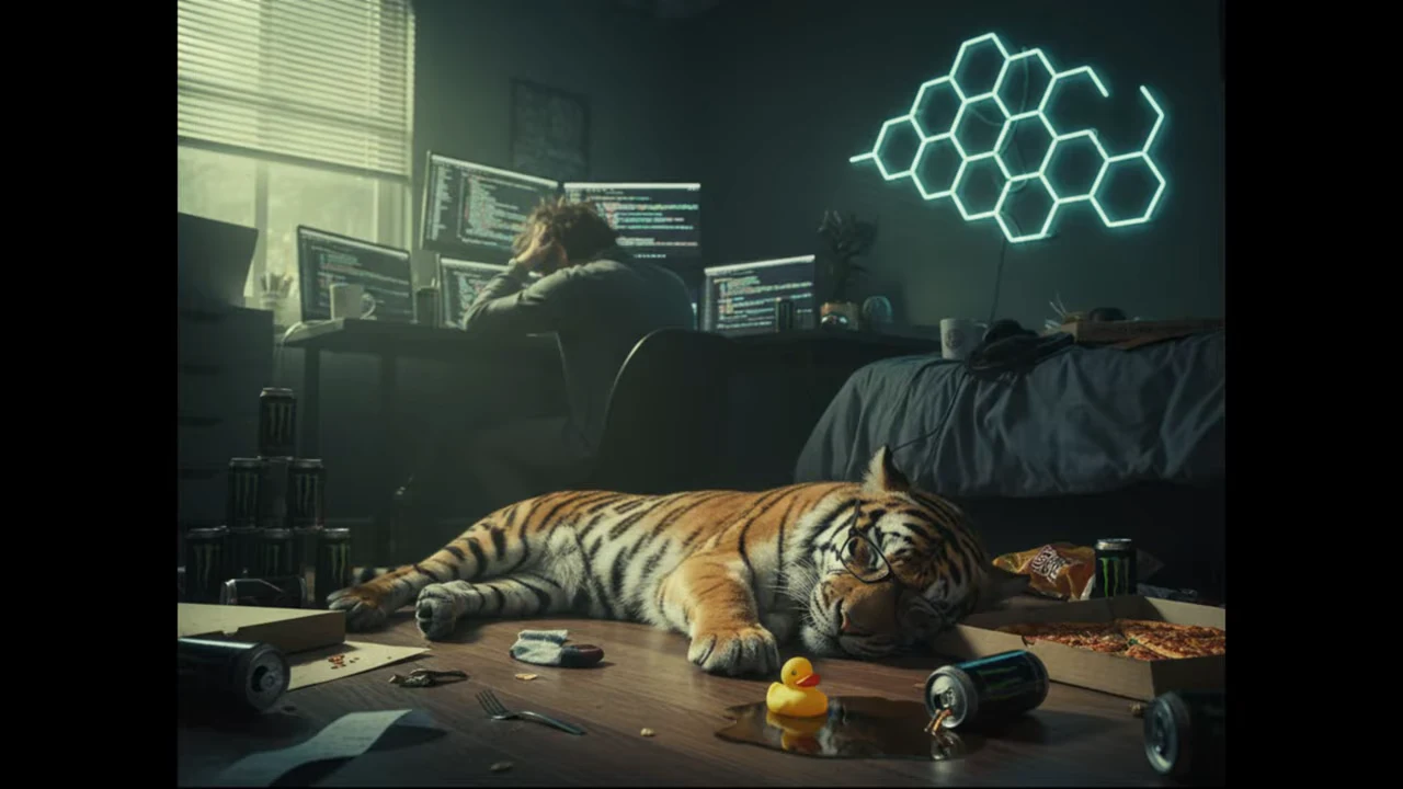 A tiger lies amid cans and scattered items while a person sits at multiple monitors beneath glowing hexagonal wall lights.