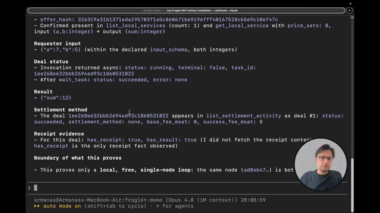 Terminal summary showing inputs 7 and 5, succeeded deal status, sum 12, settlement details, and receipt-status flags.