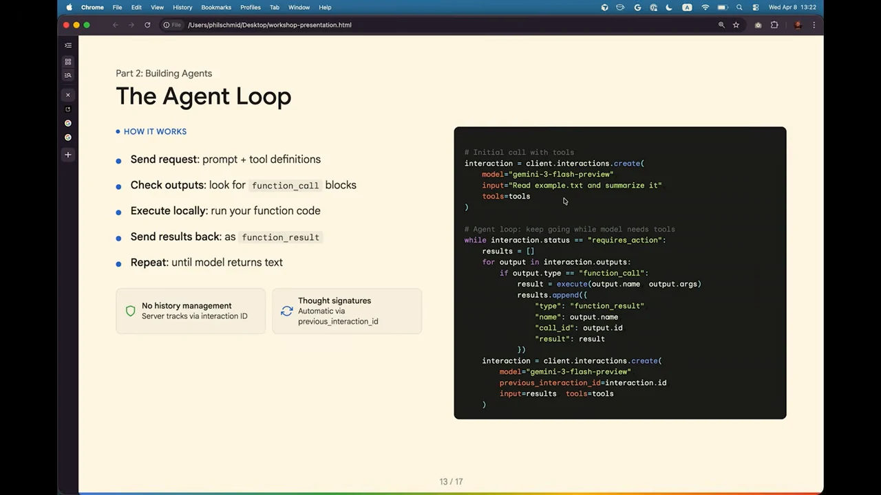 The Agent Loop slide shows five workflow steps, notes about history and thought signatures, and a Python code example.