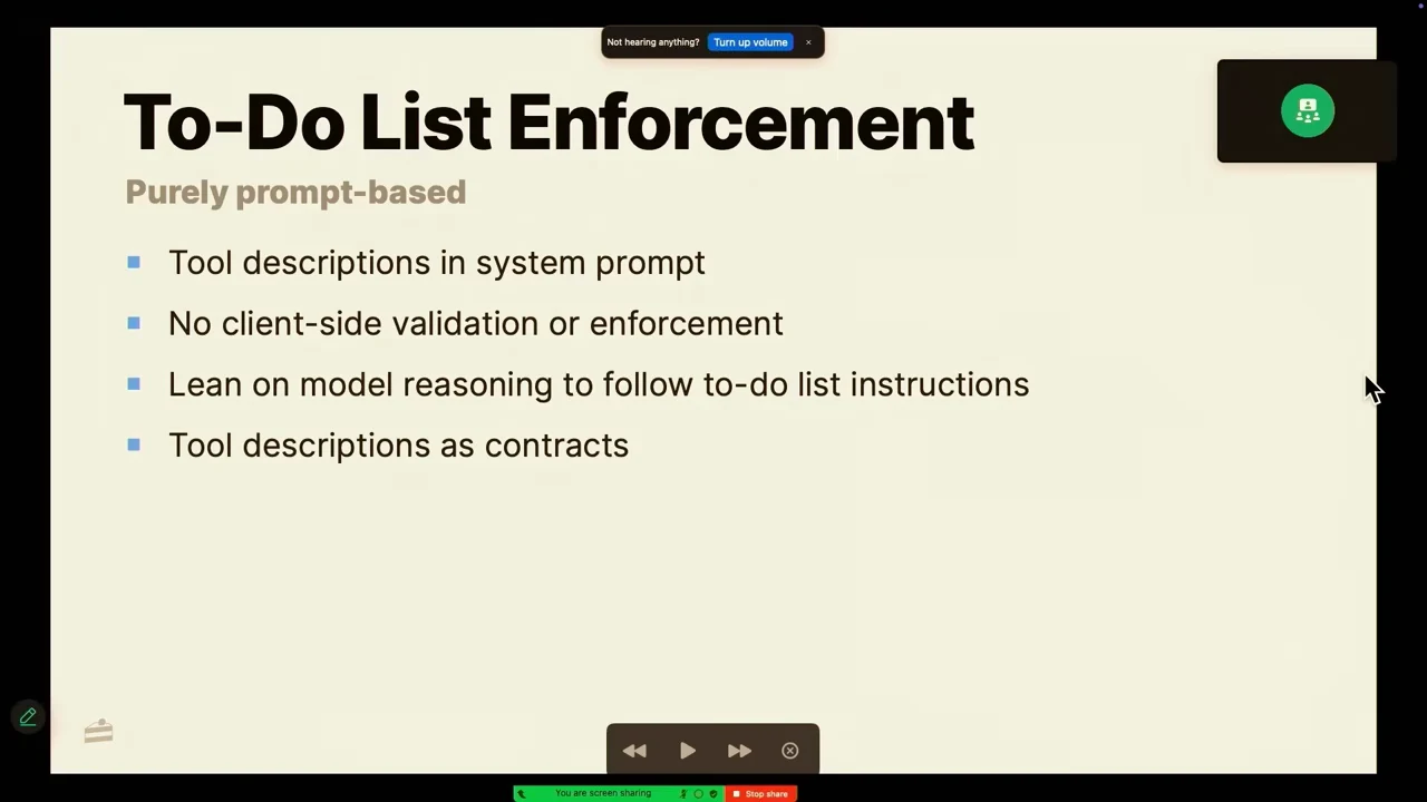 To-Do List Enforcement slide lists system-prompt tool descriptions, no client-side validation, model reasoning, and tool descriptions as contracts.