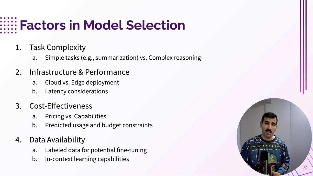 Factors in Model Selection slide listing four categories with examples covering reasoning, deployment, latency, pricing, budgets, fine-tuning, and in-context learning.
