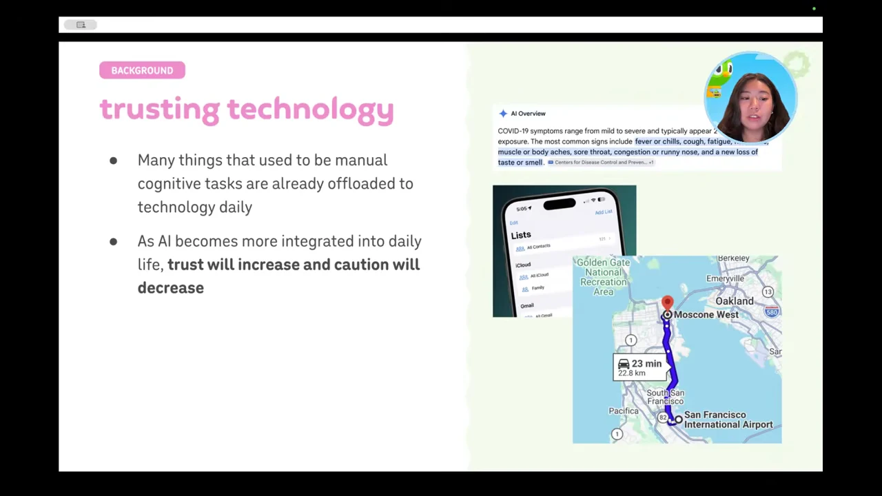 A slide titled “trusting technology” pairs two bullets about offloading cognitive tasks and increasing trust with images of an AI Overview, a phone contact list, and a map route.