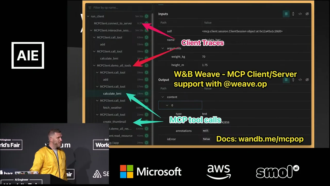 Annotated Weave interface with pink arrows labeled “Client Traces,” turquoise arrows labeled “MCP tool calls,” and an inputs and output panel.
