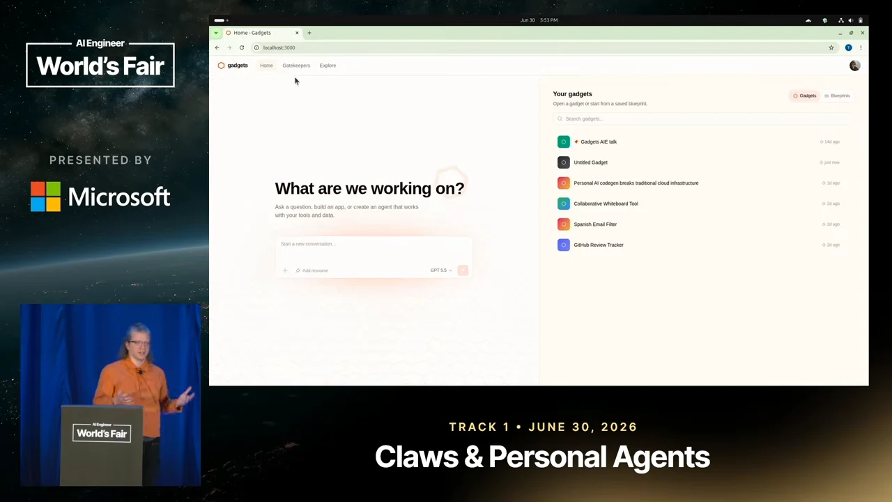 Gadgets workspace showing “What are we working on?” above a prompt box and a “Your gadgets” list on the right.