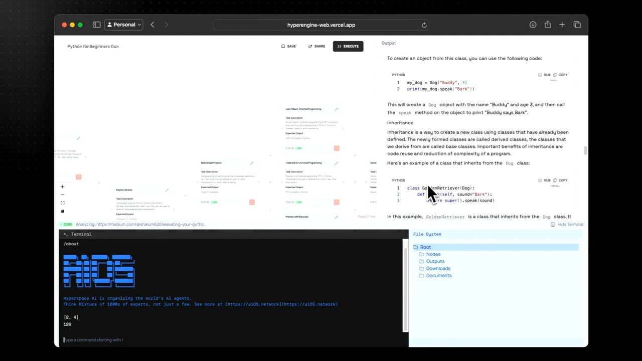 Browser interface with task nodes and Python output above an open dark terminal and a file-system tree.