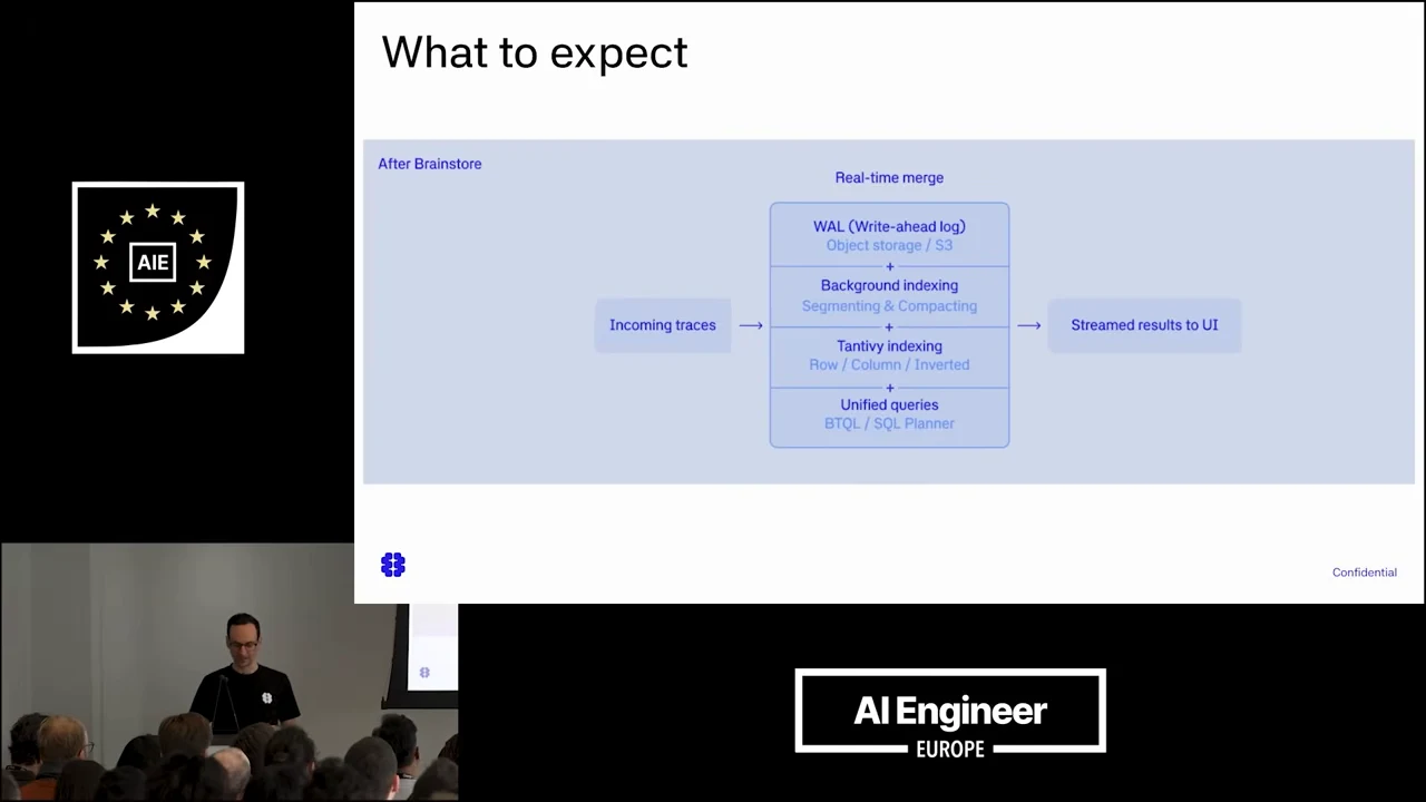 Slide titled “What to expect” showing incoming traces flowing through write-ahead logging, background indexing, Tantivy indexing, and unified queries to streamed results in the UI.