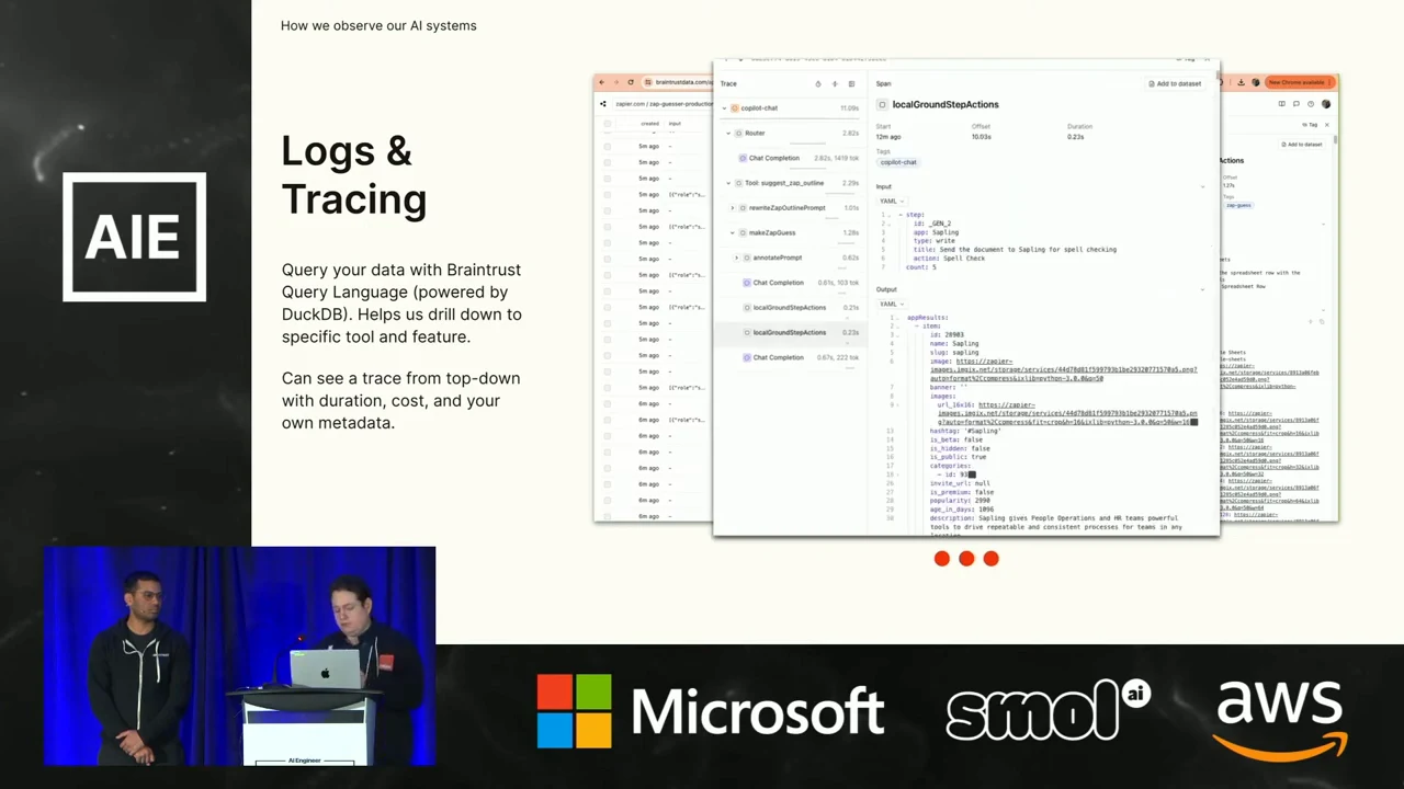Logs & Tracing slide with a nested trace tree and an expanded tool-call detail panel showing input and output text.