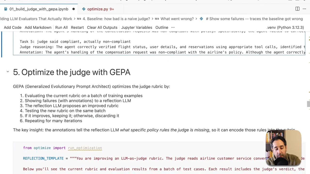 Notebook section “Optimize the judge with GEPA” listing six optimization steps and explaining that annotations identify missing policy rules, above the beginning of a reflection template.