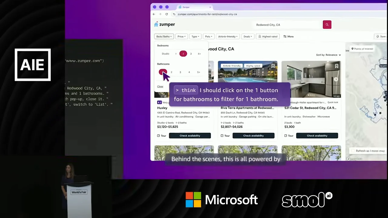 Apartment listings with an open Beds/Baths menu, highlighted filter choices, and a purple annotation describing clicking the one-bathroom option.