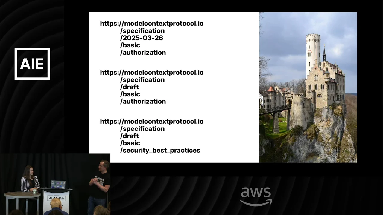 Slide lists modelcontextprotocol.io links for the dated authorization specification, draft authorization specification, and draft security best practices beside a castle photograph.