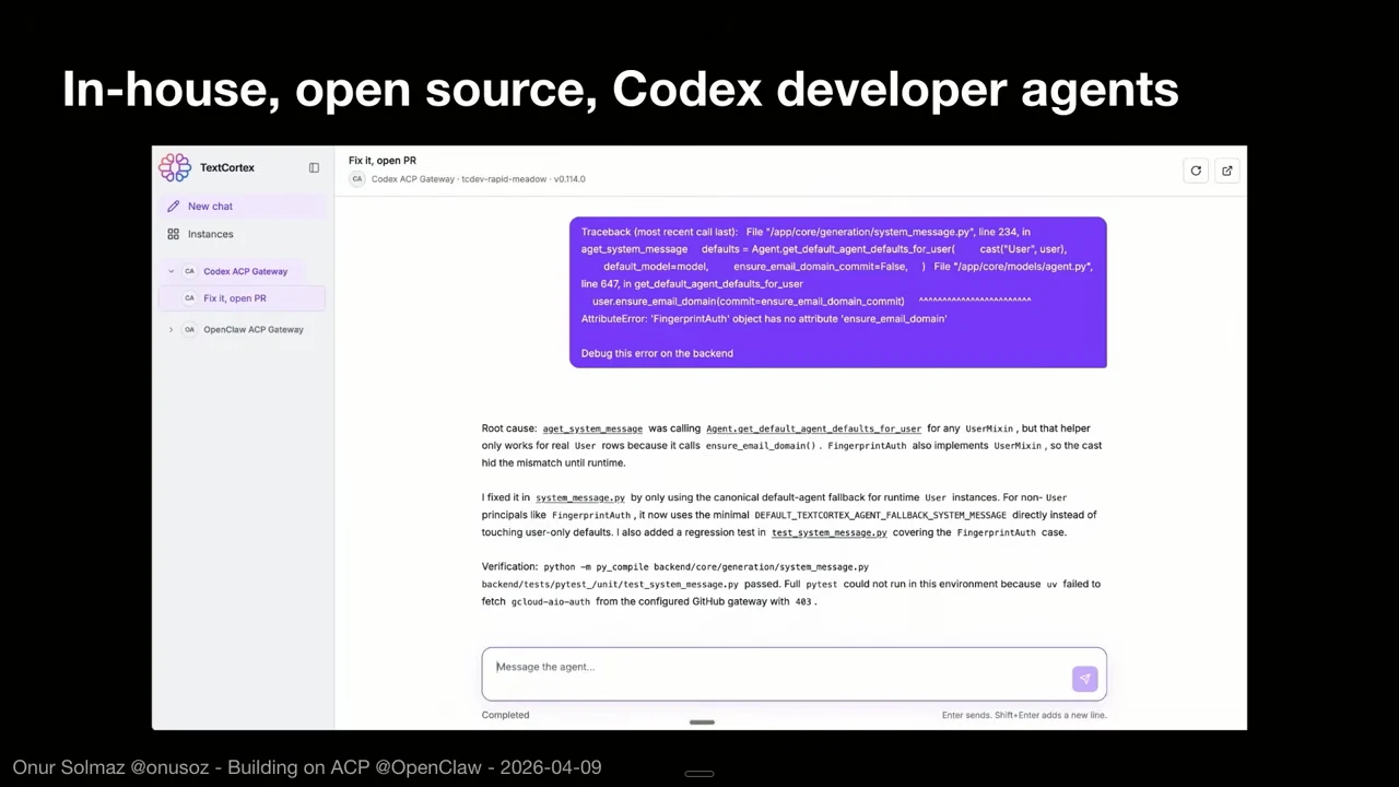 “In-house, open source, Codex developer agents” slide showing a purple error report above a response with root-cause, fix and verification details.