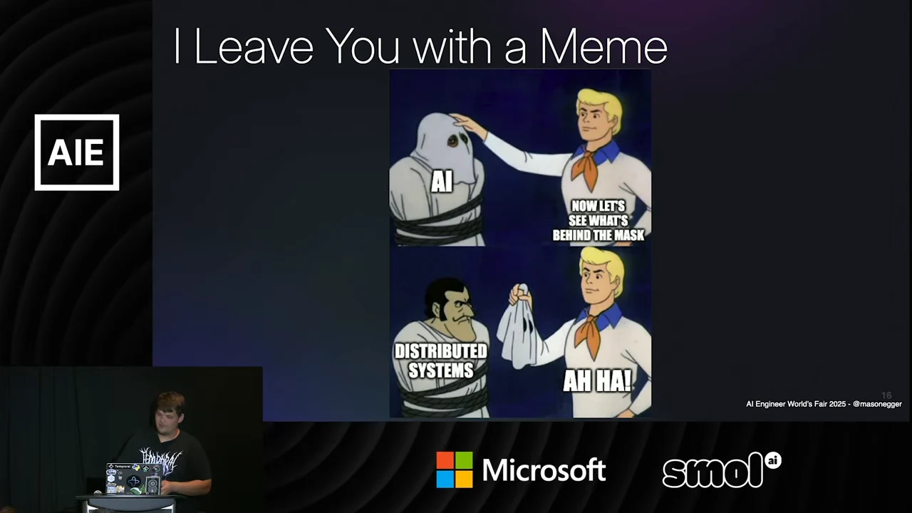 Slide titled “I Leave You with a Meme” shows a Scooby-Doo unmasking cartoon with AI on the disguise and DISTRIBUTED SYSTEMS underneath.