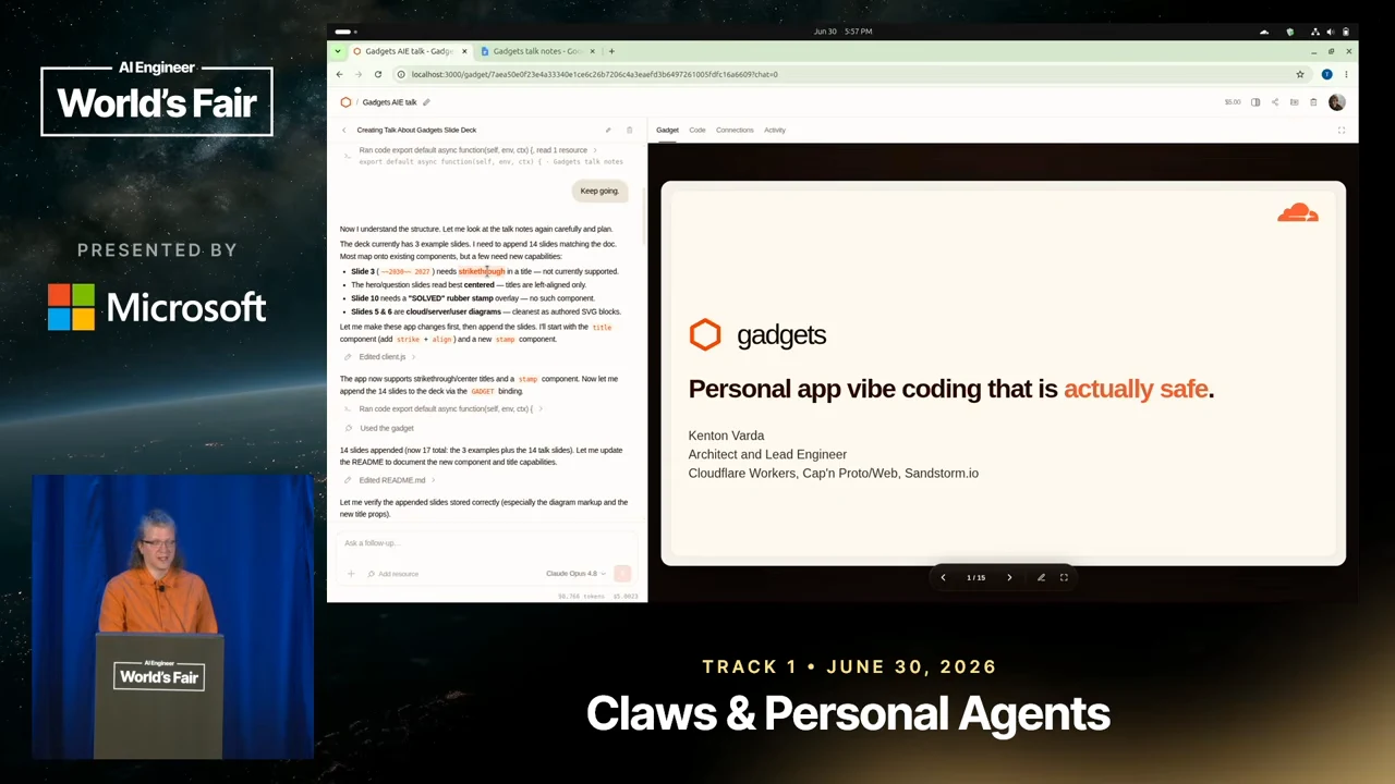 A conversation pane with a bulleted response appears beside a slide titled “Personal app vibe coding that is actually safe.”