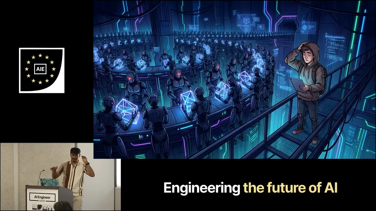 Illustration of a person holding a tablet on a walkway above rows of robots in a blue-lit room.