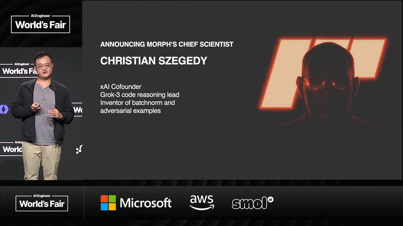 Announcement slide names Christian Szegedy as Morph’s chief scientist, lists xAI, Grok-3 code reasoning, batchnorm and adversarial examples, and shows a dark portrait against an orange logo.