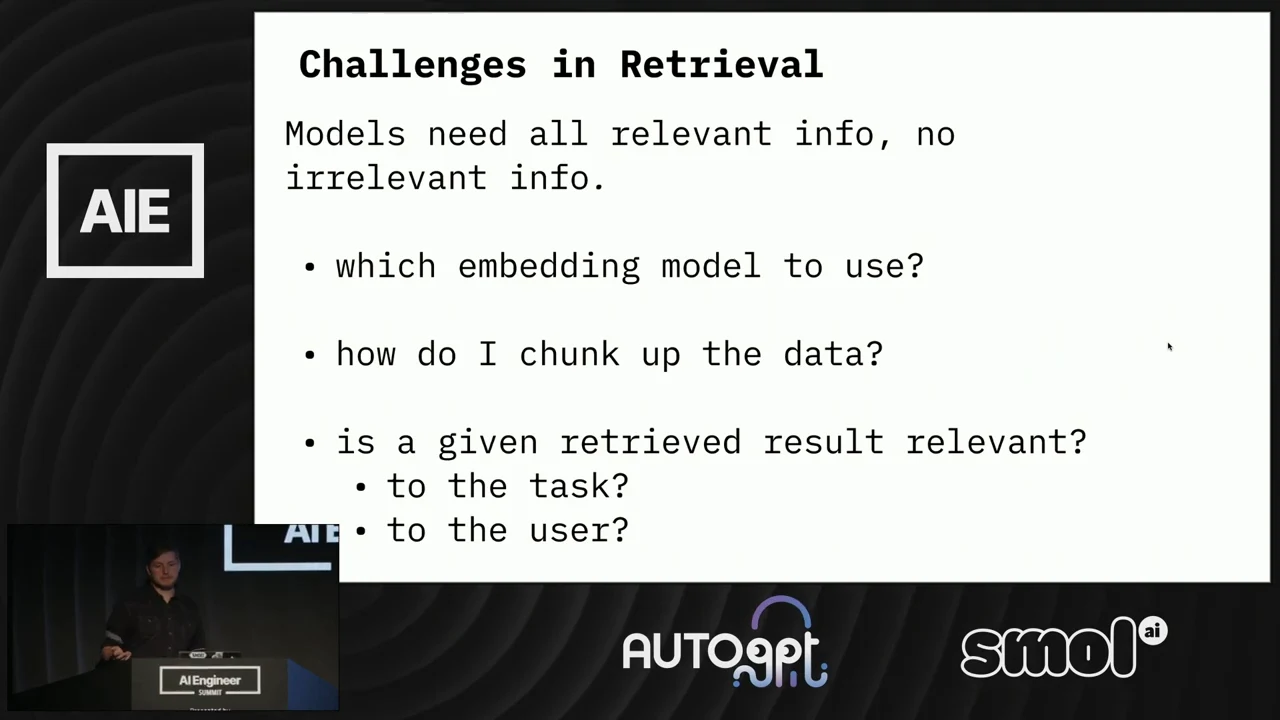 “Challenges in Retrieval” slide states that models need relevant information without irrelevant information, then lists embedding selection, chunking, and task and user relevance.