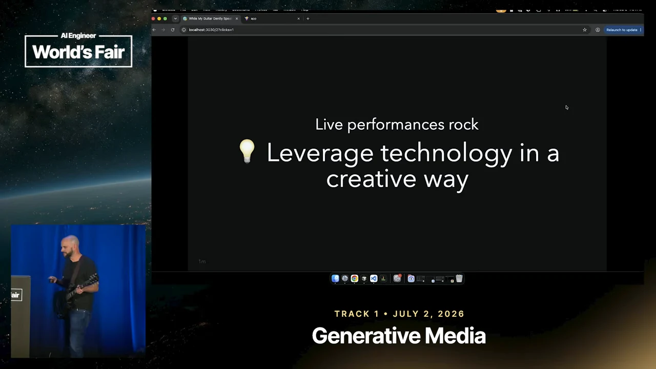 Black slide reading “Live performances rock” and “Leverage technology in a creative way,” with a lightbulb icon and the guitarist inset.