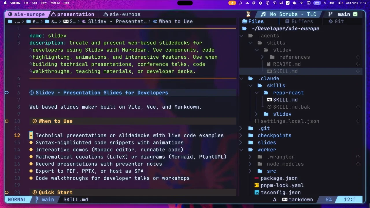 Editor showing a Slidev SKILL.md description and use cases beside a directory tree containing skill folders.