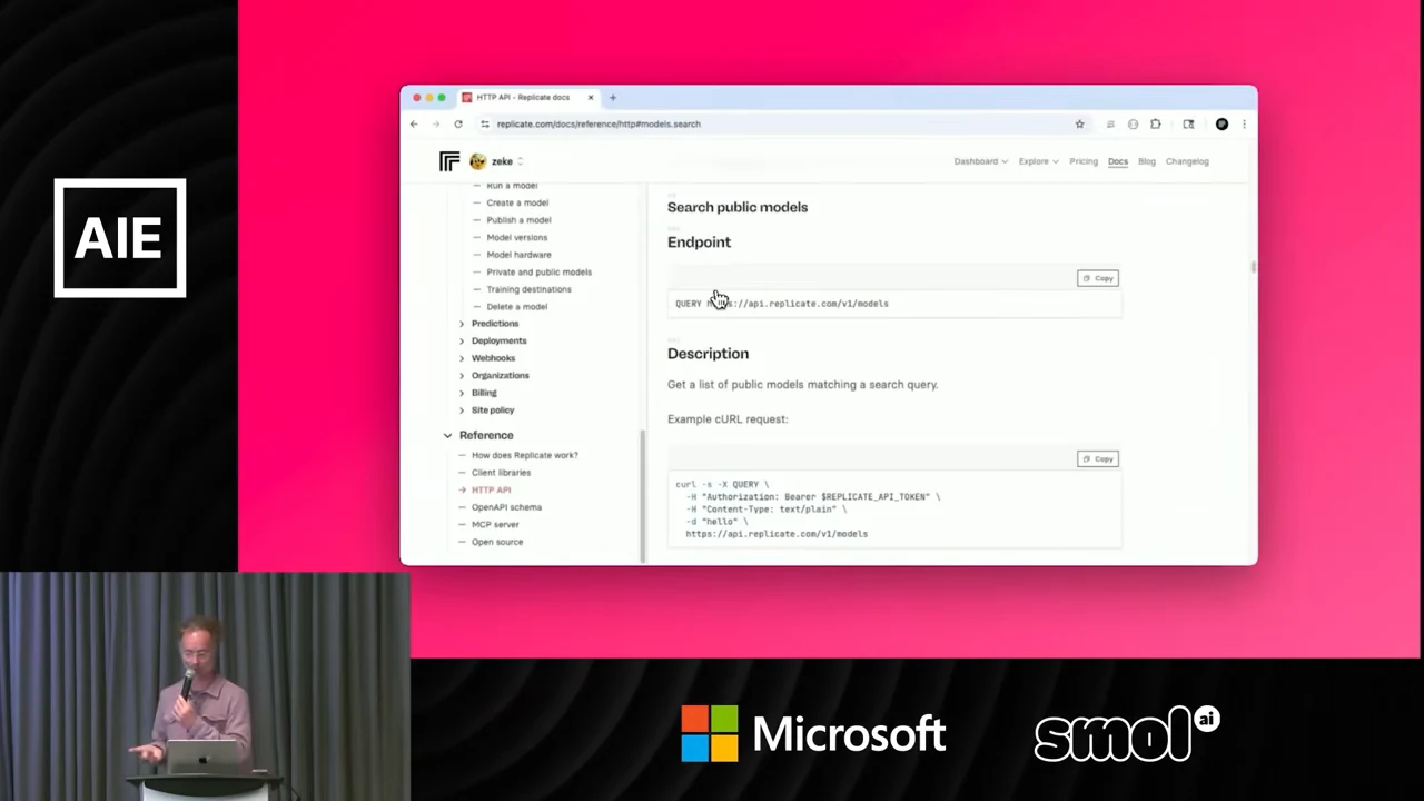 Browser showing the Search public models documentation, with Endpoint, Description and Example cURL request sections on a pink background.