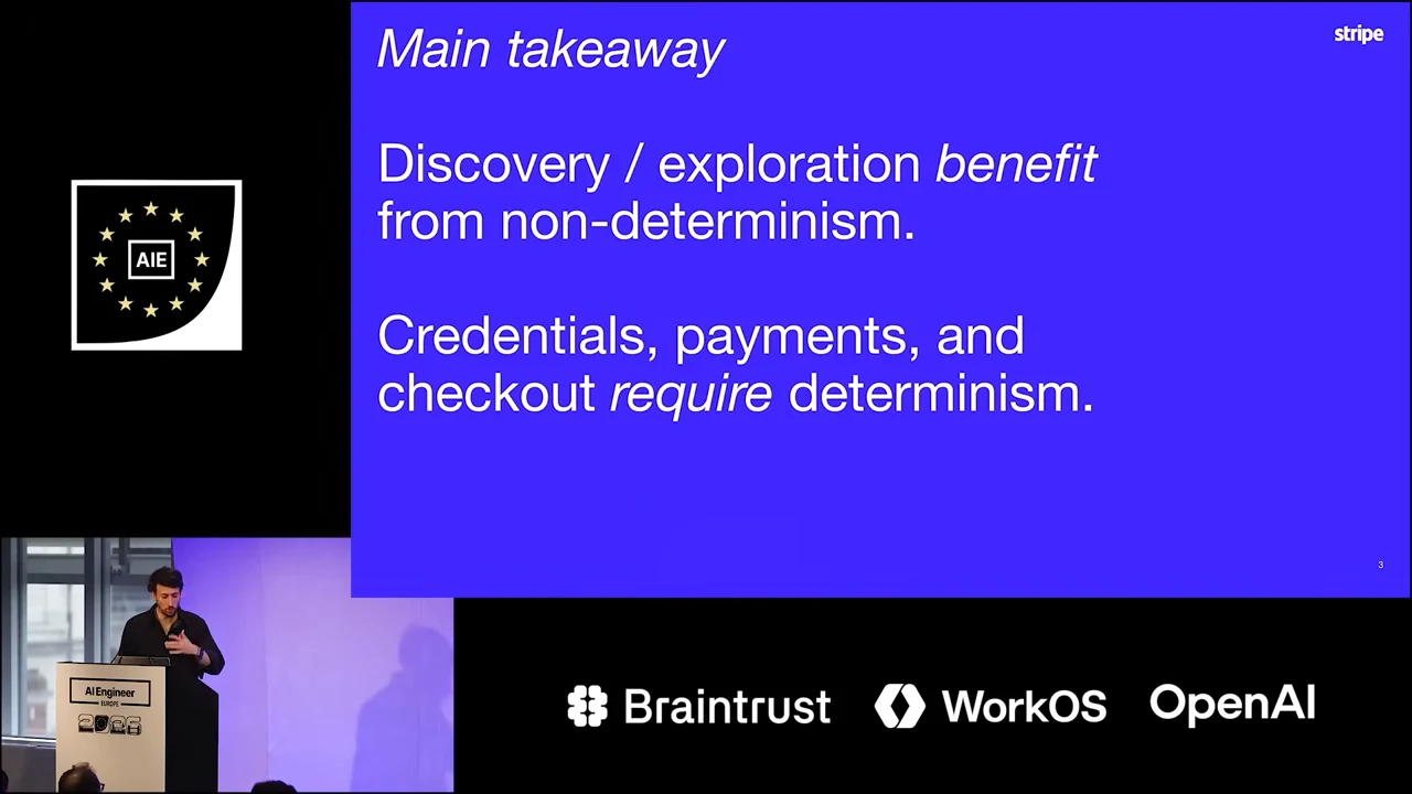 Purple Main takeaway slide contrasting discovery and exploration with credentials, payments, and checkout.