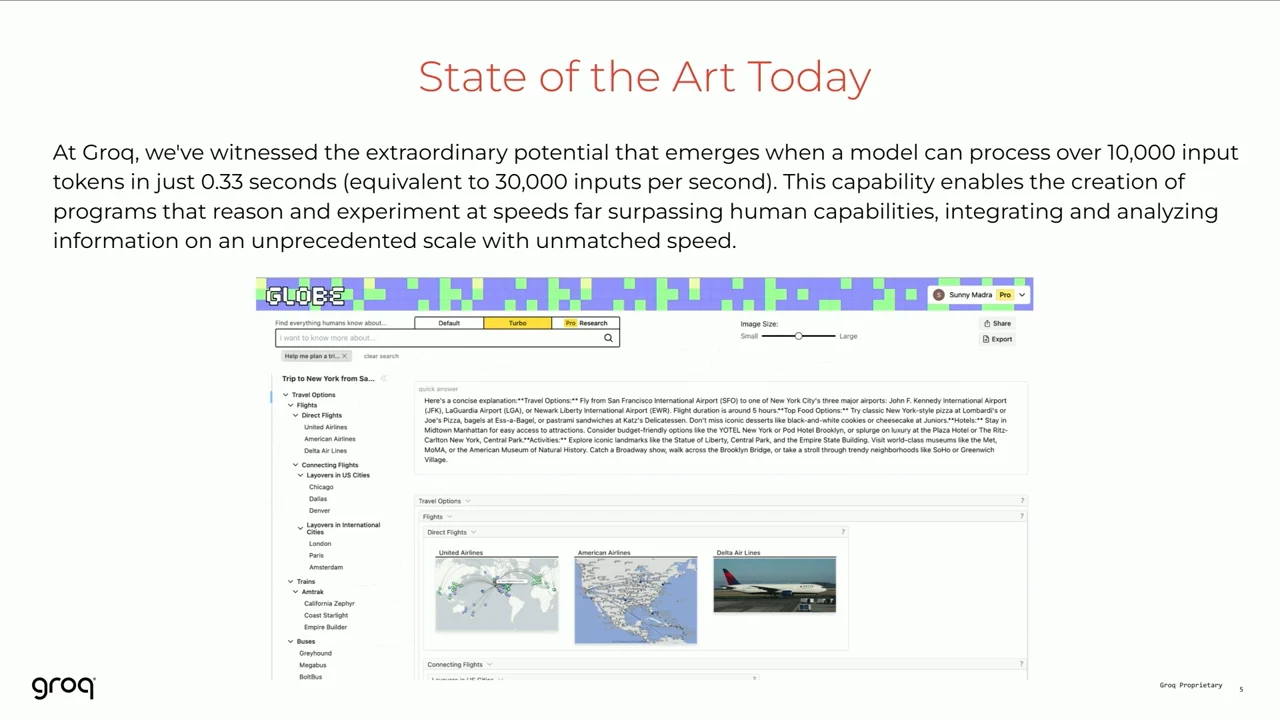 Slide with a Globe interface screenshot showing a navigation tree, travel text, and flight cards with maps and an airplane image.