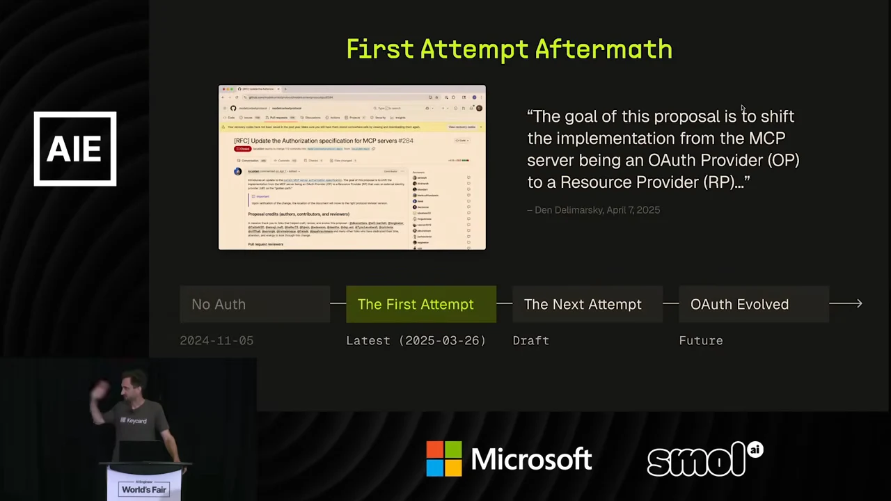 “First Attempt Aftermath” slide with a GitHub proposal screenshot, a quotation proposing the role change, and a timeline highlighting “The First Attempt.”