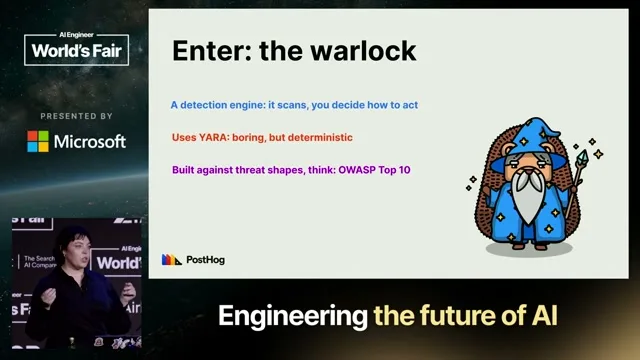 Selected presentation frame from We let an AI agent execute Bash and lived to talk about it — Sarah Sanders, PostHog at 716 seconds