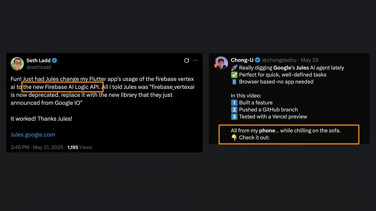 Two social posts describe a Firebase library update with Jules and building, pushing, and previewing a feature from a phone.