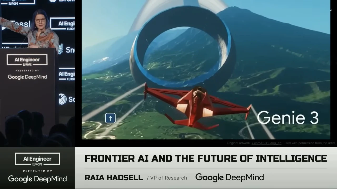 An orange aircraft faces a large blue ring above a green landscape, with Genie 3 text and an upward-arrow indicator.