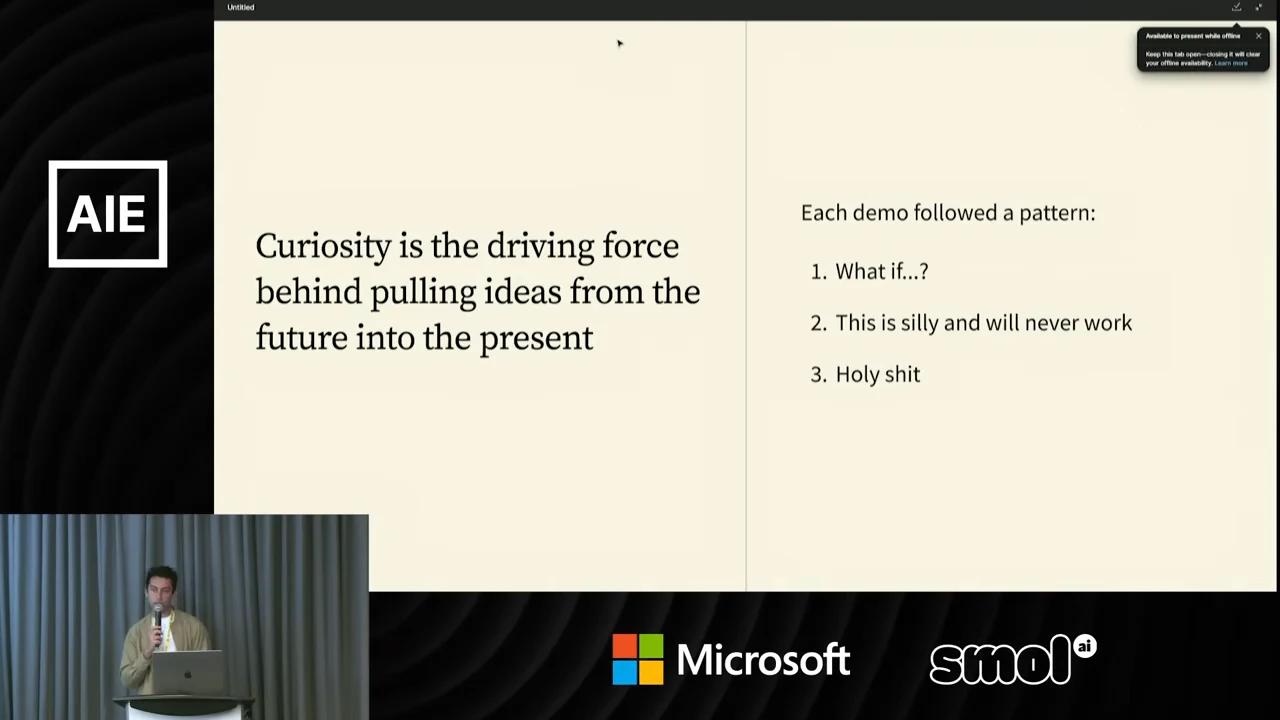 Slide states that curiosity pulls ideas from the future into the present, alongside three steps: “What if...?”, “This is silly and will never work,” and “Holy shit.”