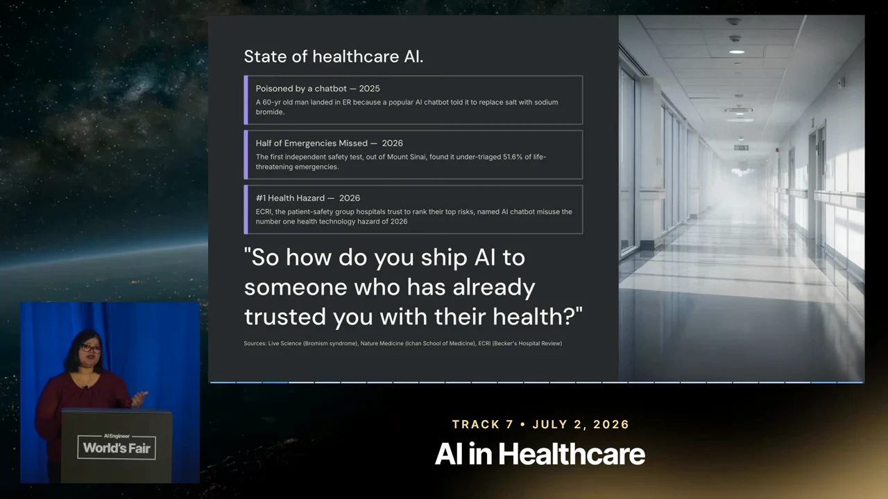 Slide titled “State of healthcare AI” with three safety headlines, a hospital corridor photograph, and a question about shipping AI to someone who trusts you with their health.
