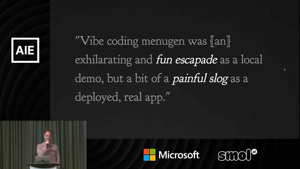 Quote describing vibe coding MenuGen as an exhilarating and fun escapade locally, but a painful slog as a deployed, real app.