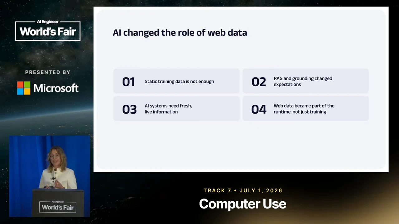 Slide with four points: static training data is not enough; RAG and grounding changed expectations; AI systems need fresh, live information; web data became part of runtime, not just training.