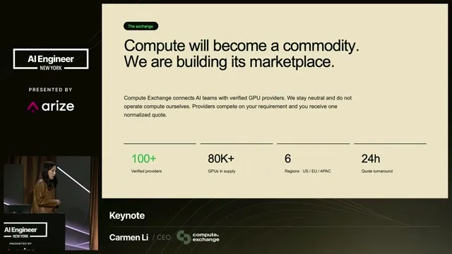 Compute Exchange slide describing a neutral compute marketplace, verified providers, GPU supply and quote turnaround.