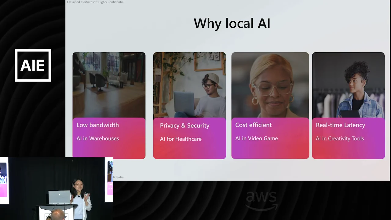 The “Why local AI” slide shows four illustrated cards linking these motivations to warehouses, healthcare, video games, and creativity tools.