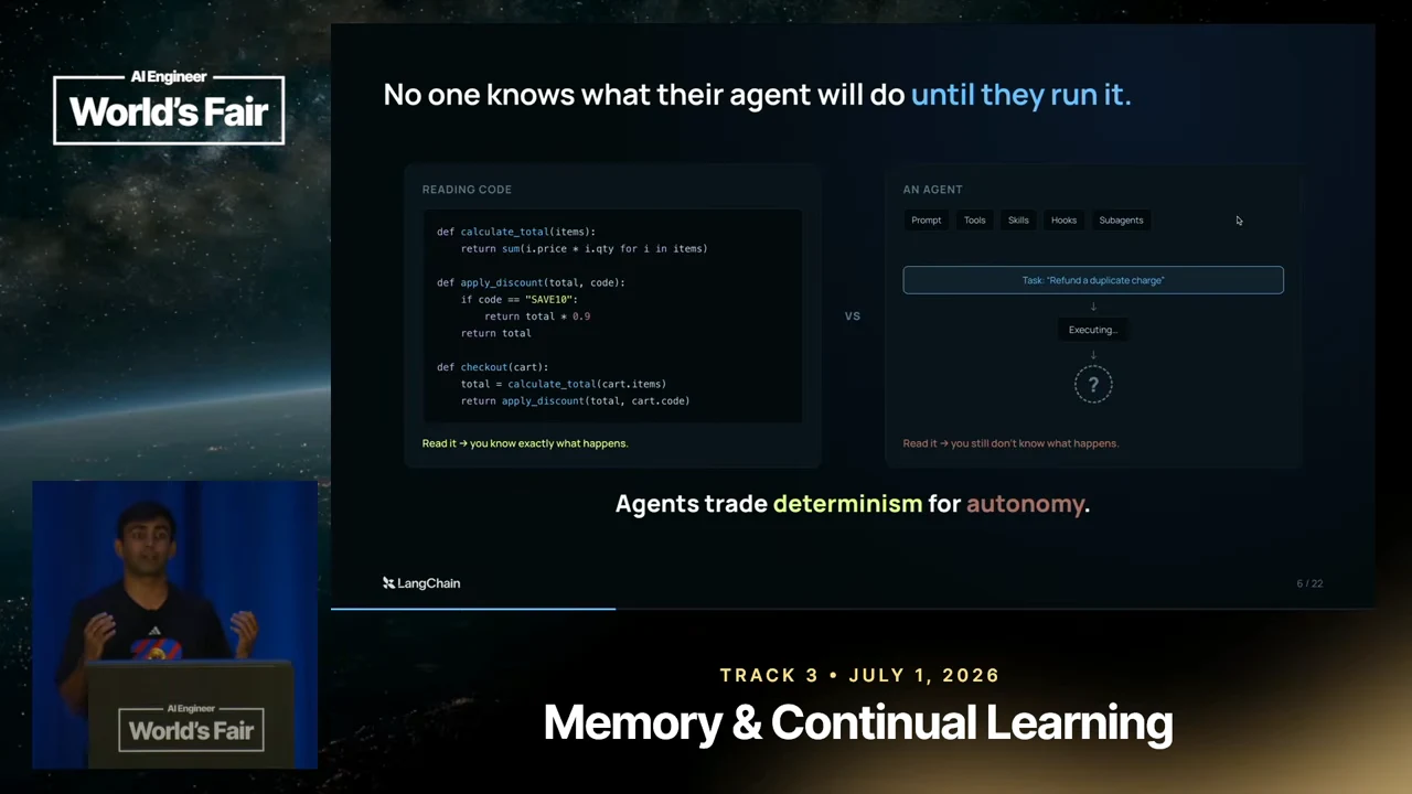 Slide contrasting a Python code block with an agent panel showing a task, execution indicator, and question mark, beneath the heading 'No one knows what their agent will do until they run it.'