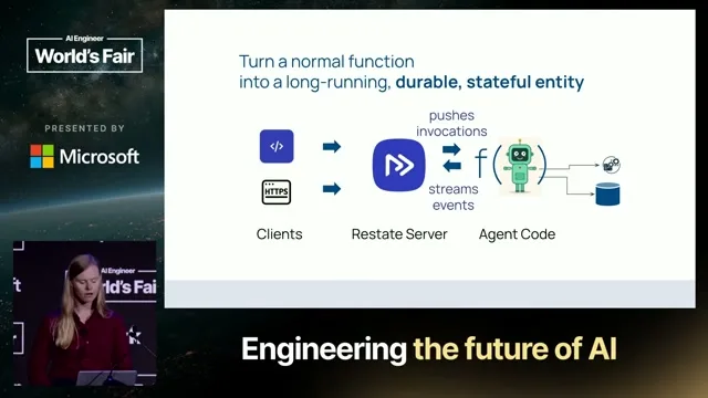 Selected presentation frame from Every step you take, every call you make: the reliable agent stack — Giselle van Dongen, Restate at 272 seconds