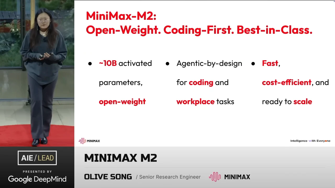 Slide with three columns describing approximately 10B activated parameters and open weights, agentic design for coding and workplace tasks, and fast, cost-efficient scaling.