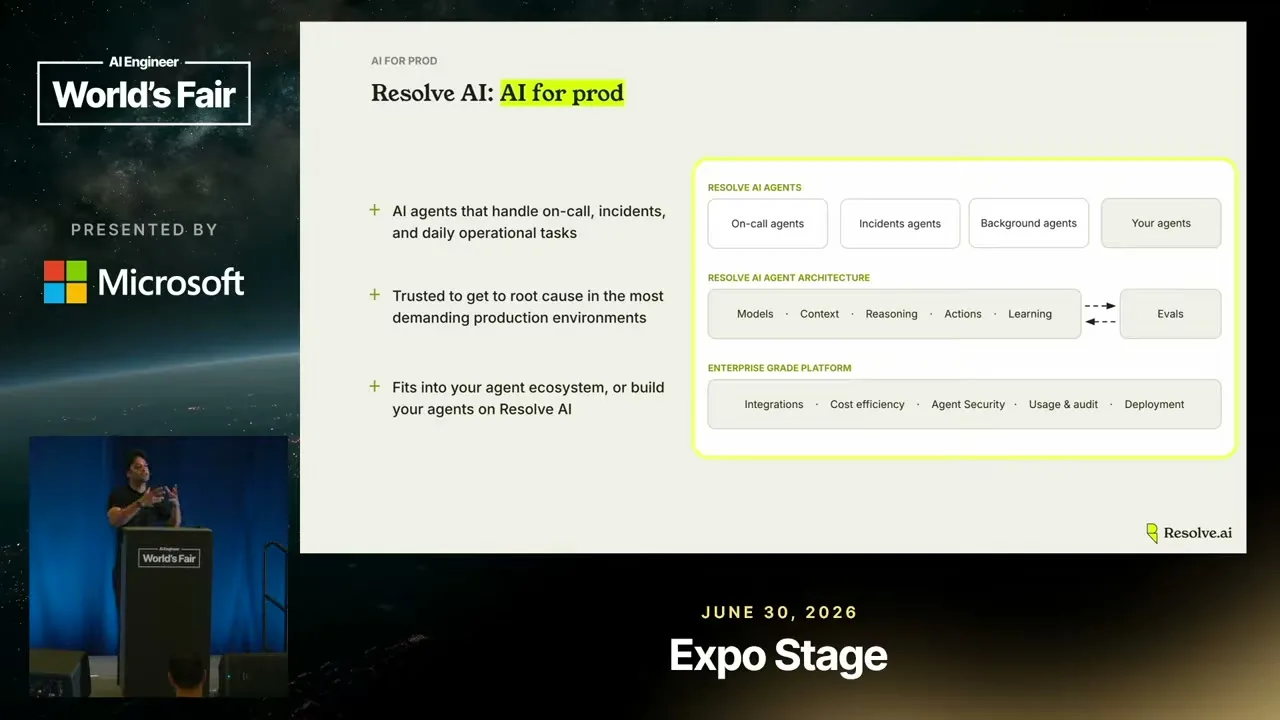 Selected presentation frame from The 6 Pillars of an Agentic Harness for Production — Varun Krovvidi, Resolve AI at 397 seconds