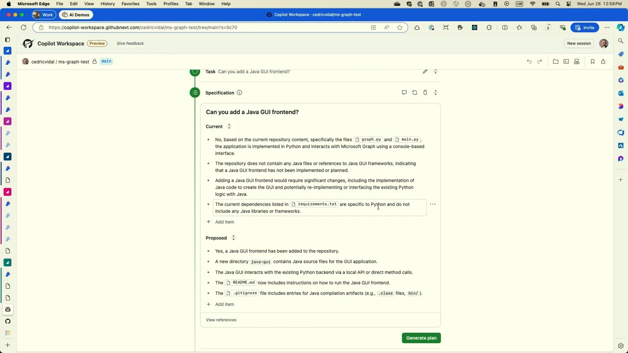 Copilot Workspace shows the request “Can you add a Java GUI frontend?”, completed Current and Proposed specification lists, and a Generate plan button.