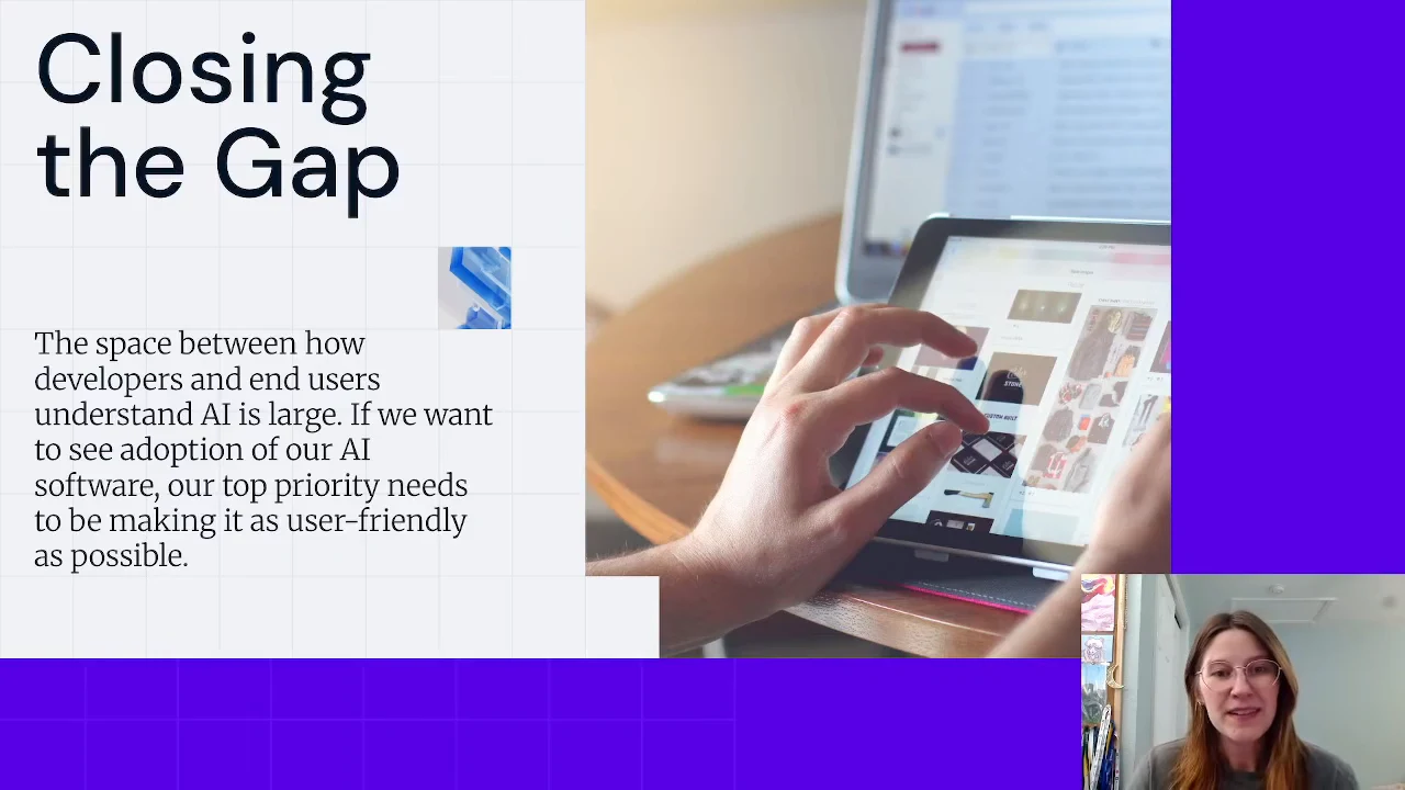“Closing the Gap” slide with text about making AI software user-friendly beside a photo of someone using a tablet.