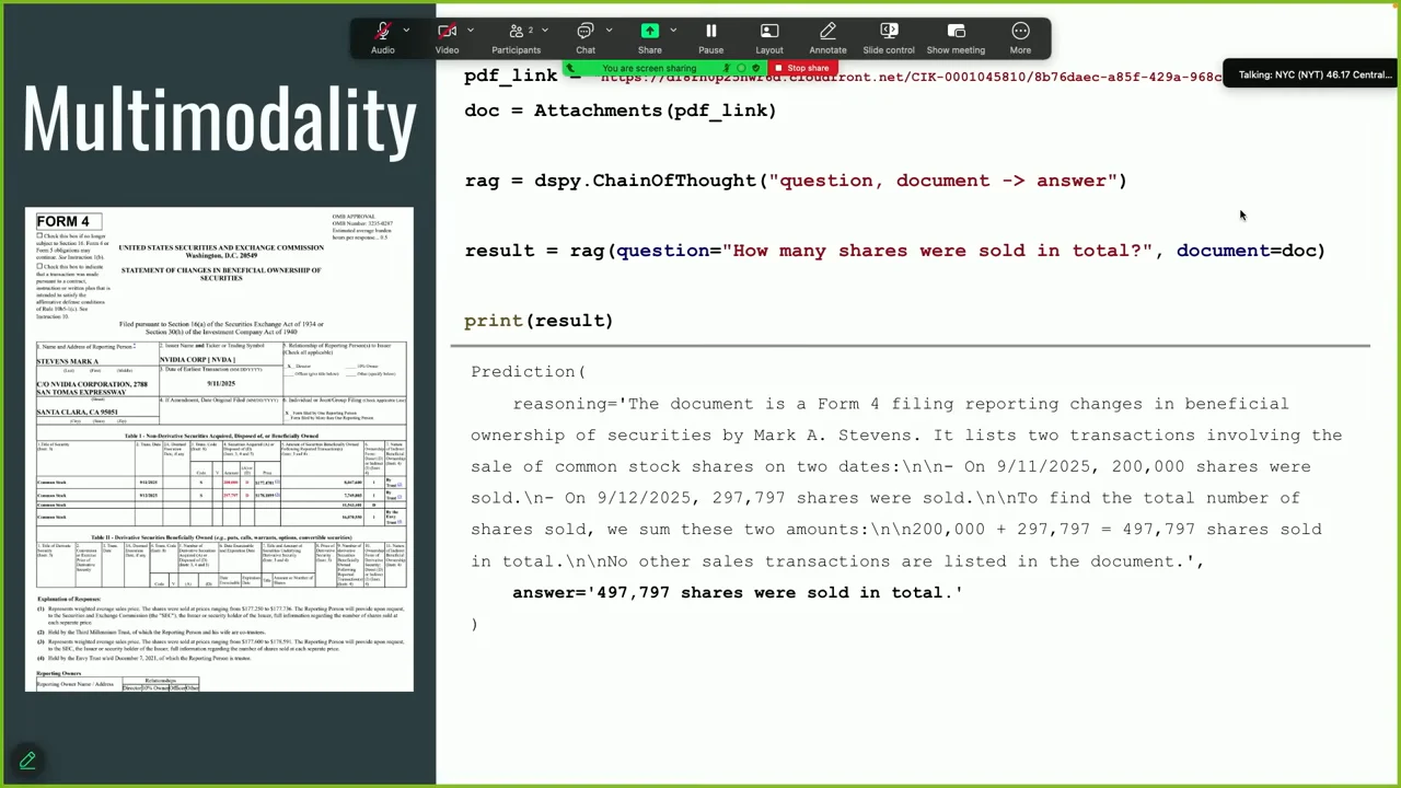 Multimodality slide showing a Form 4 document, document-questioning code, reasoning, and the answer that 497,797 shares were sold in total.