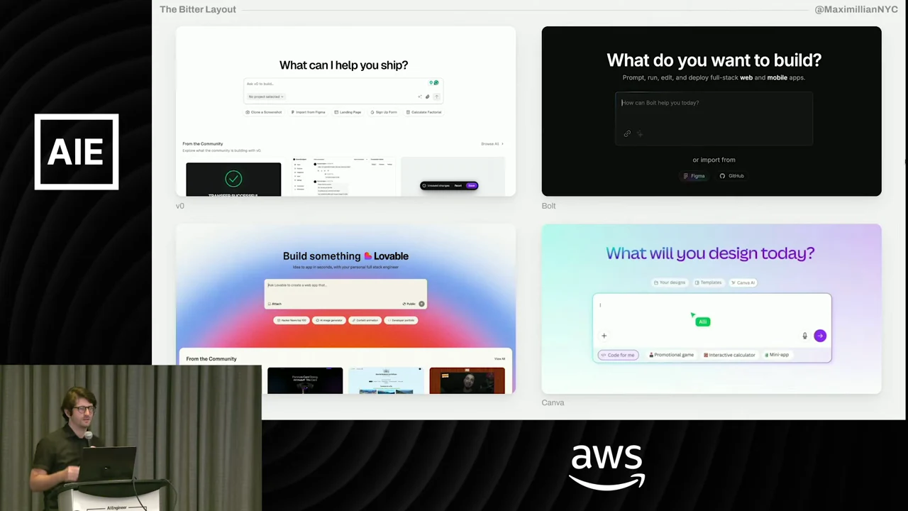 Four screenshots arranged in a grid show the prompt interfaces of v0, Bolt, Lovable, and Canva.