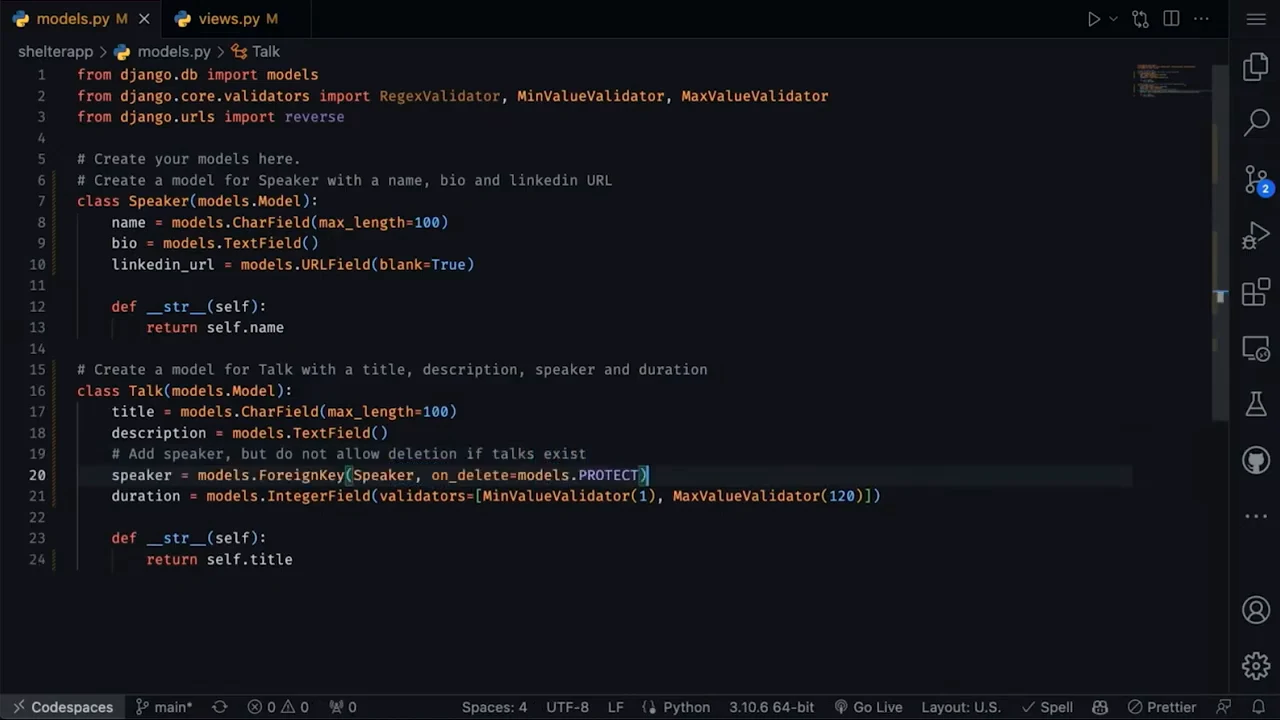 VS Code showing Speaker and Talk models, with the Talk speaker field using on_delete=models.PROTECT beneath a comment requesting deletion protection.