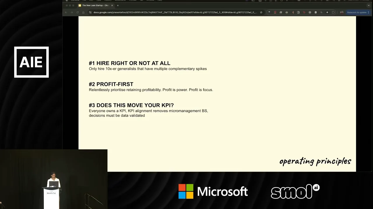 Operating principles slide with three headings: “HIRE RIGHT OR NOT AT ALL,” “PROFIT-FIRST,” and “DOES THIS MOVE YOUR KPI?” Supporting text states that everyone owns a KPI and decisions must be data validated.