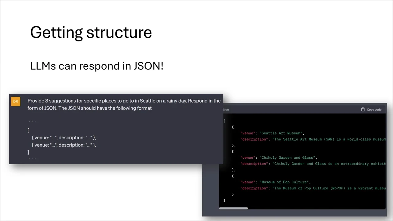 Getting structure slide showing a prompt with venue and description fields beside a JSON response containing Seattle venue suggestions.