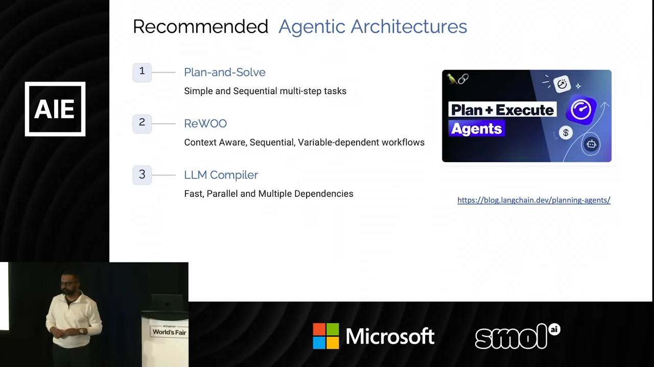 Slide lists Plan-and-Solve, ReWOO, and LLM Compiler with brief descriptions, a Plan + Execute Agents image, and the link https://blog.langchain.dev/planning-agents/.
