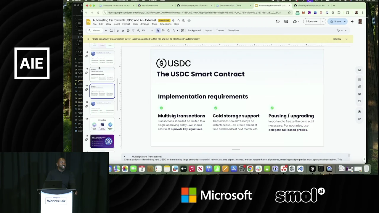 Google Slides editor displaying The USDC Smart Contract slide with three implementation requirement columns: Multisig transactions, Cold storage support and Pausing / upgrading.