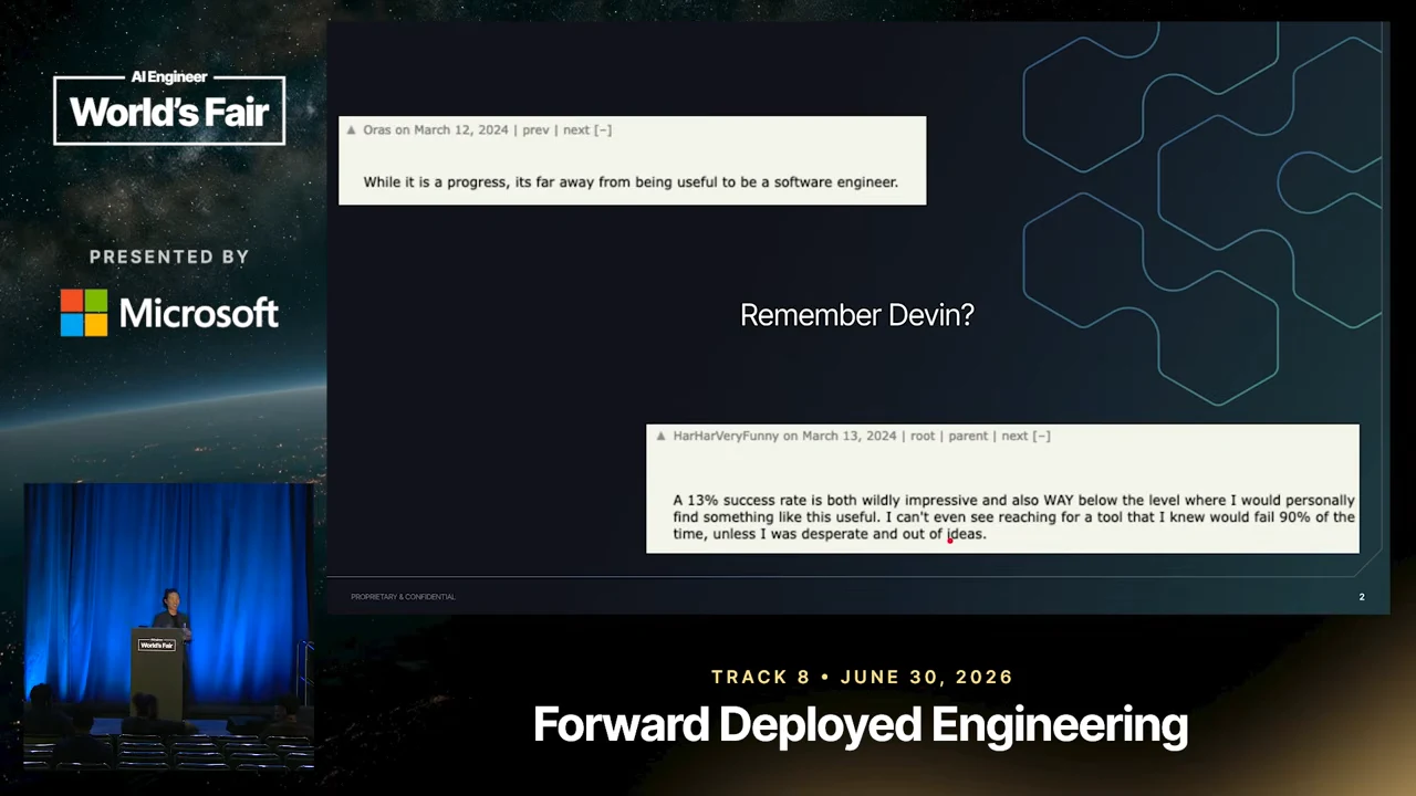 Slide titled “Remember Devin?” with two comment excerpts questioning its usefulness and its 13% success rate.